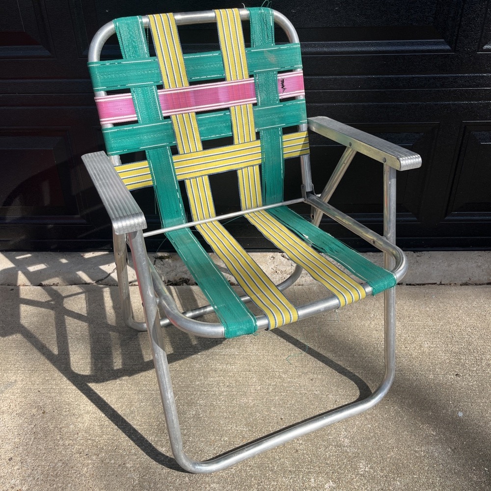 Vintage Aluminum Webbed Lawn Chair Metal Arm Rests Patio Tailgating Chair 70s